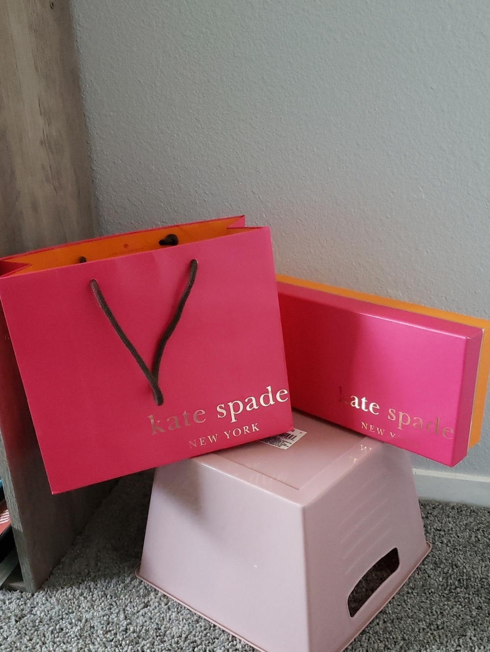 Kate Spade Bright Pink And Orange Gift Bag with Matching Box Like New